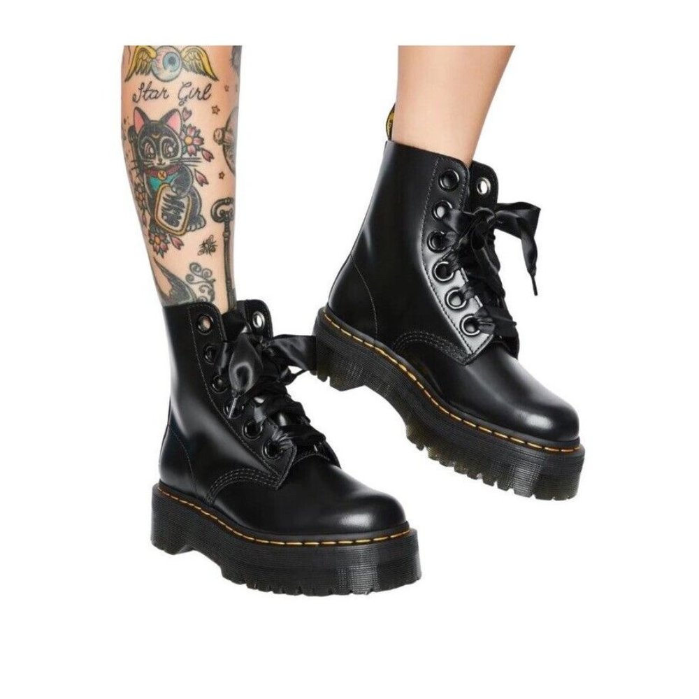 Dr Martens Molly Buttero Boots Blk Patent Lamper Leather Quad 6-Eye Sz 7